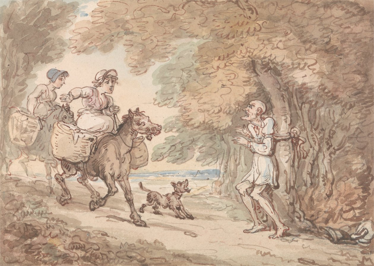 Dr. Syntax vastgebonden aan een boom door struikrovers door Thomas Rowlandson