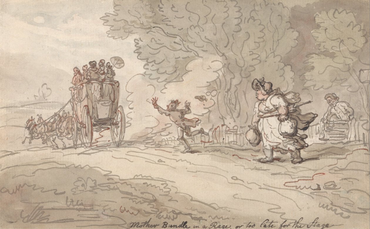 Moeder Bundle in Woede of Te Laat voor de Stage door Thomas Rowlandson
