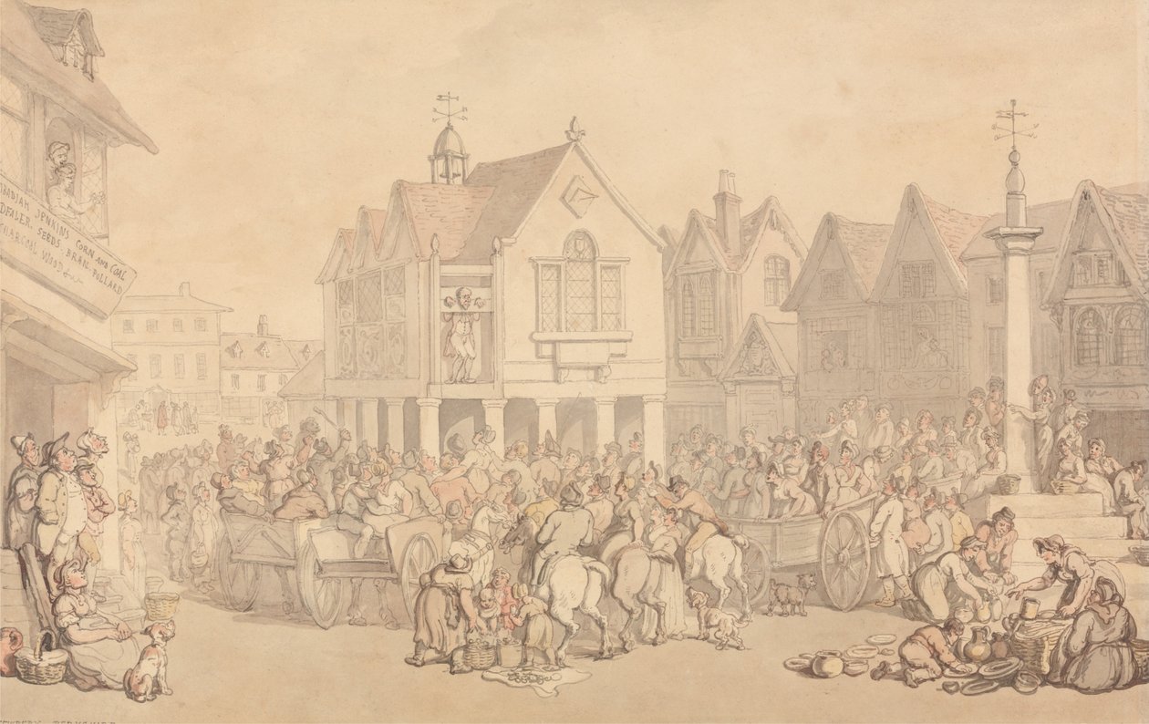 Newbury Marktplein, Berkshire door Thomas Rowlandson