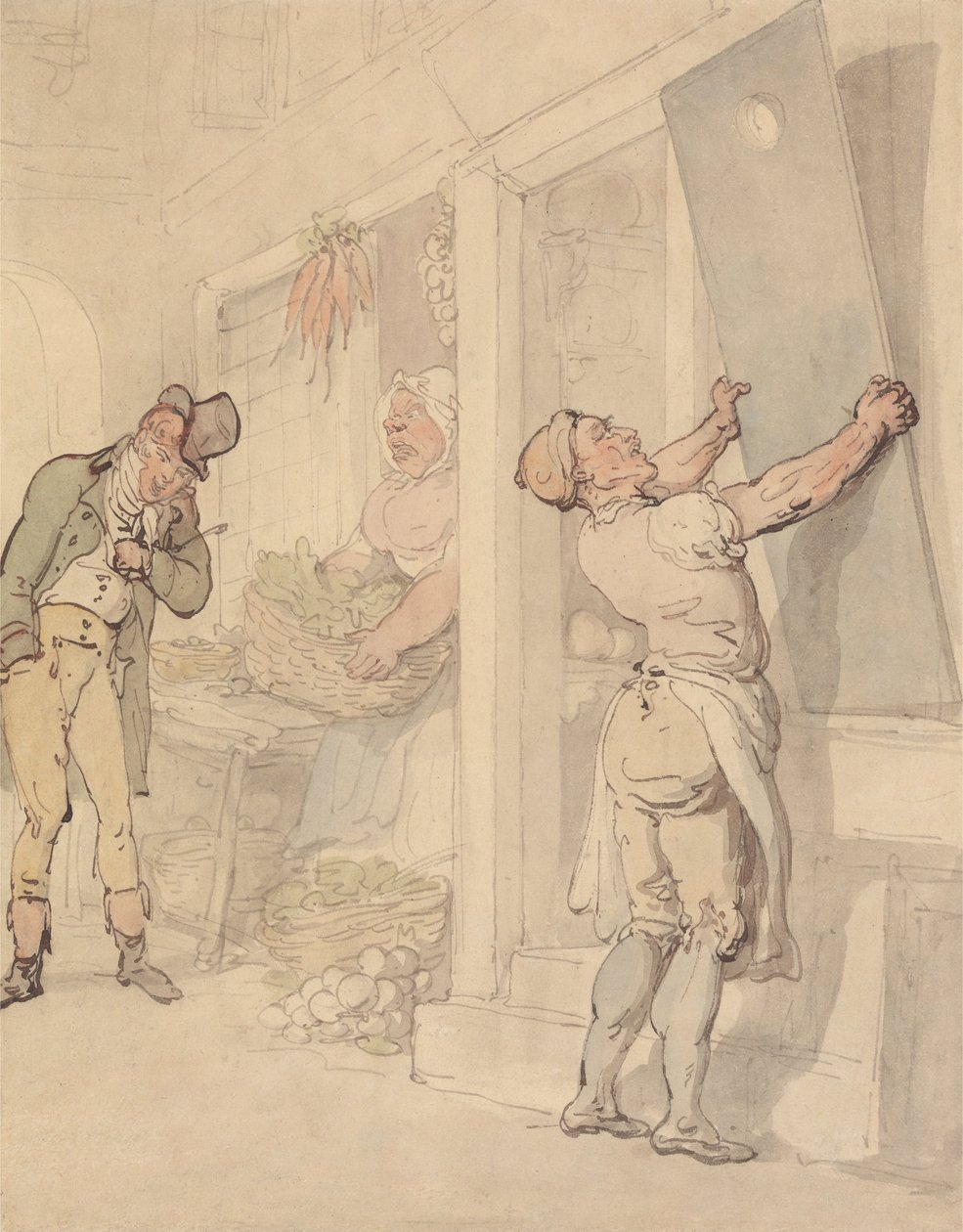 Buiten de groentewinkel door Thomas Rowlandson