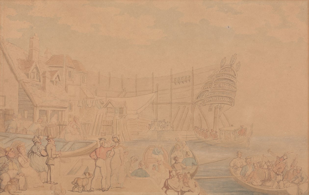Het te water laten van een schip door Thomas Rowlandson