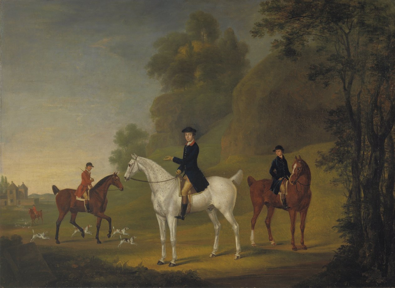 Lord Bulkeley en zijn harriers, zijn jachtopziener John Wells en whipper-in R. Jennings door Thomas Stringer