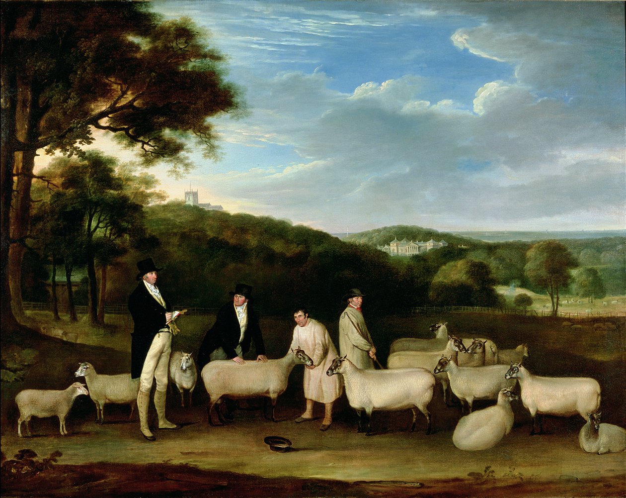 Portret van Thomas William Coke, Esq. (1752-1842) inspecteert enkele van zijn South Down schapen met Mr Walton en de herders van Holkham door Thomas Weaver