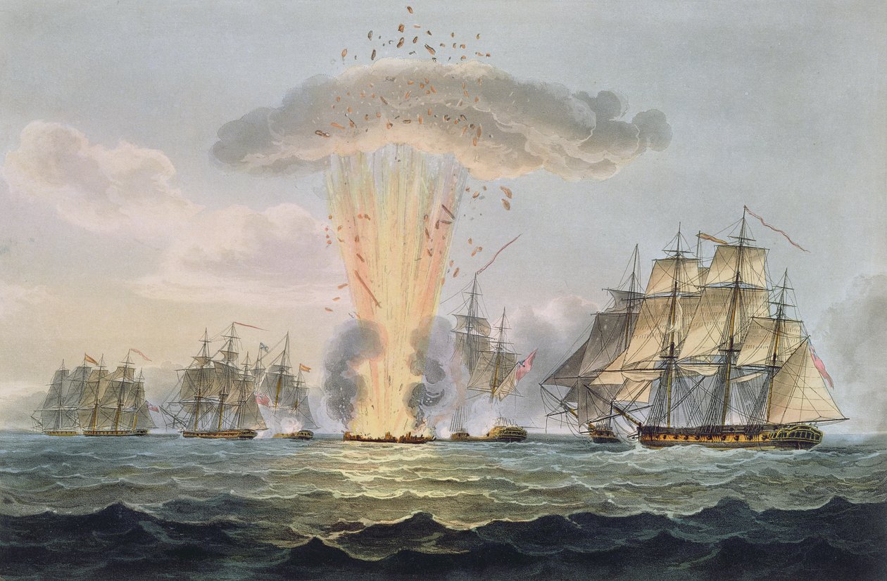 Verovering en vernietiging van vier Spaanse fregatten, 5 oktober 1804, gegraveerd door Thomas Sutherland voor J. Jenkins