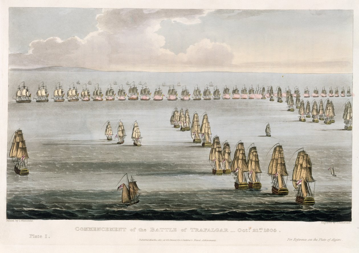 Begin van de Slag bij Trafalgar, 21 oktober 1805, gegraveerd door Thomas Sutherland voor J. Jenkins