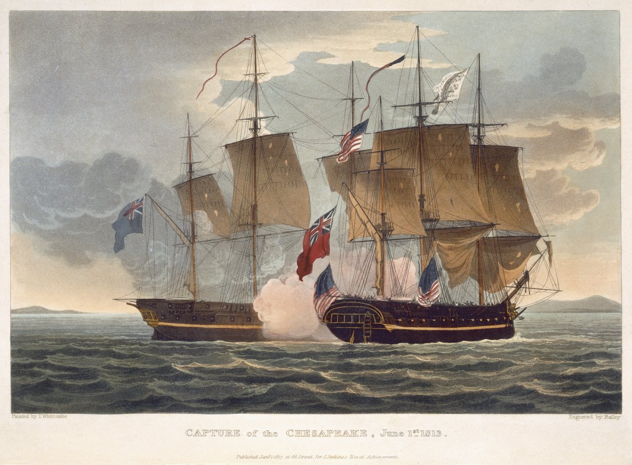 De verovering van de Chesapeake, 1 juni 1813, gegraveerd door Bailey voor J. Jenkins