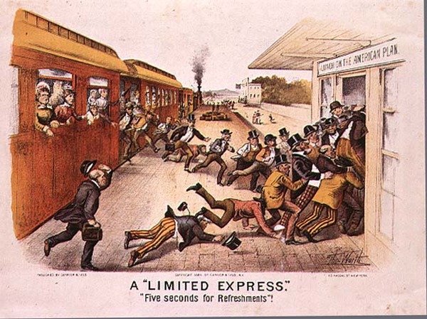 Een Beperkte Express, Vijf Seconden voor Verfrissingen, uitgegeven door Currier en Ives in New York, 1884 door Thomas Worth