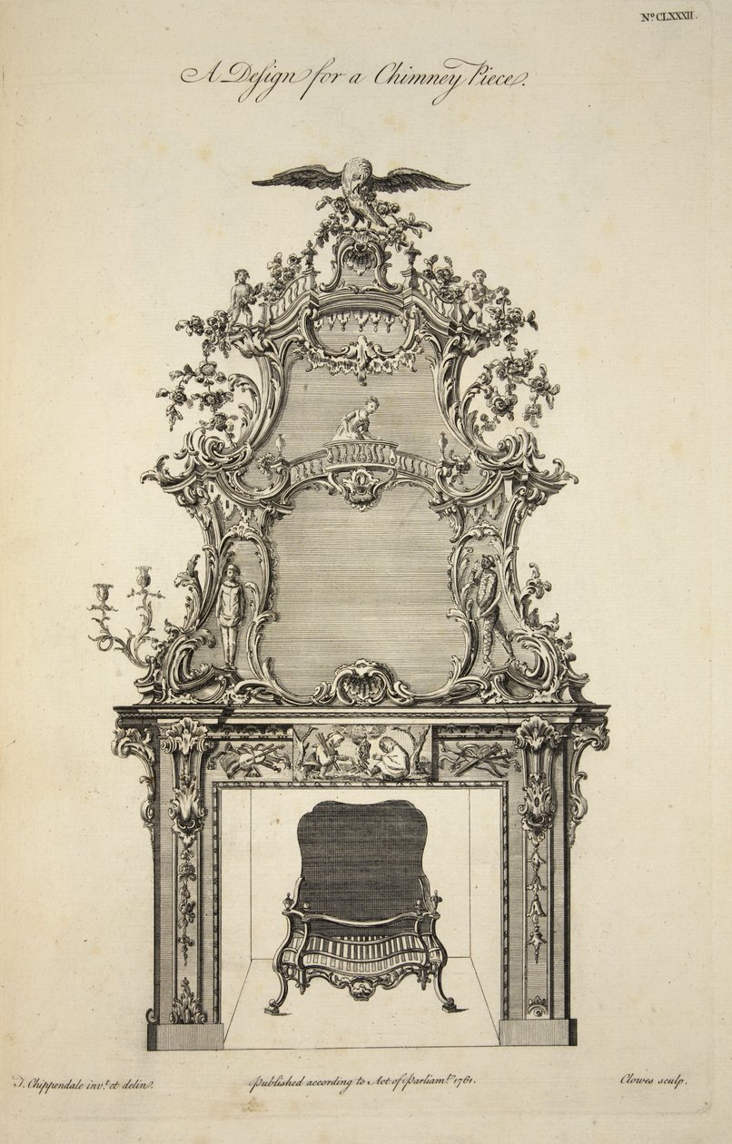 Ontwerp voor een schoorsteenstuk, pub. 1761 door Thomas after Chippendale