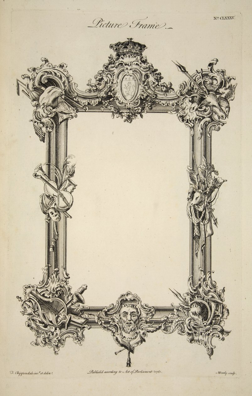 Ontwerp voor een schilderijlijst, gepubliceerd 1761 (gravure) door Thomas (after) Chippendale
