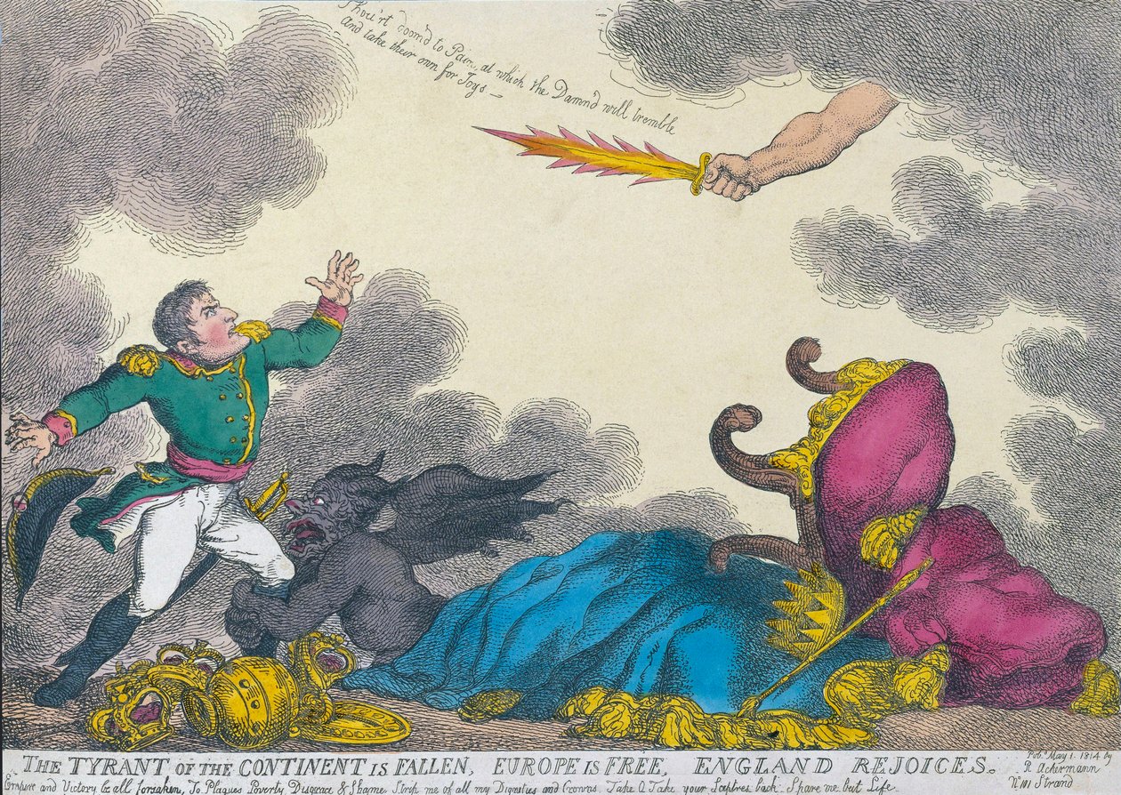Spotprent ter viering van Napoleons abdicatie in 1814. door Thomas (after) Rowlandson