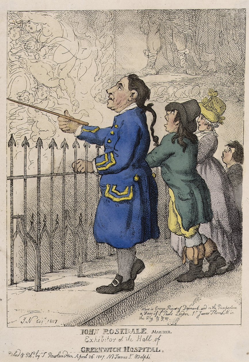 John Rosedale, zeeman, bezoekersgids in de lobby van het Greenwich Hospital (Engeland) door Thomas (after) Rowlandson