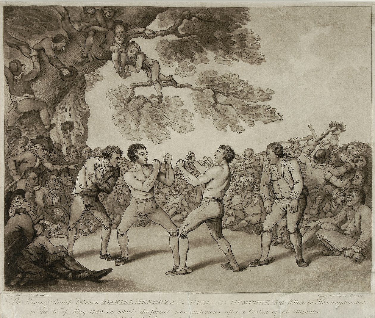 De bokswedstrijd tussen Daniel Mendoza en Richard Humphreys in Stilton, Huntingdonshire, 6 mei 1789, gegraveerd door Joseph Grozer (c.1755-99) door Thomas (after) Rowlandson