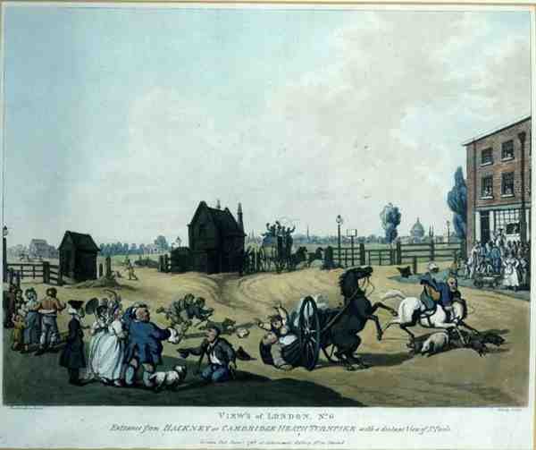 Uitzichten van Londen, nr. 6: Ingang vanaf Hackney of Cambridge Heath Turnpike met een verre blik op St. Paul