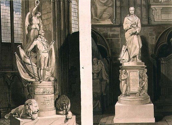 Gedenktekens voor kapitein Montague in de westelijke ingang en voor Addison in Poet