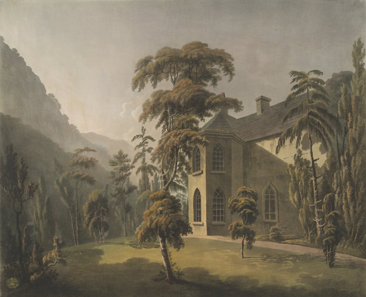 Dit uitzicht in de Vale of Llangollen, Plas Newydd met het bibliotheekraam met uitzicht op de tuin door Thomas (after) Walmsley