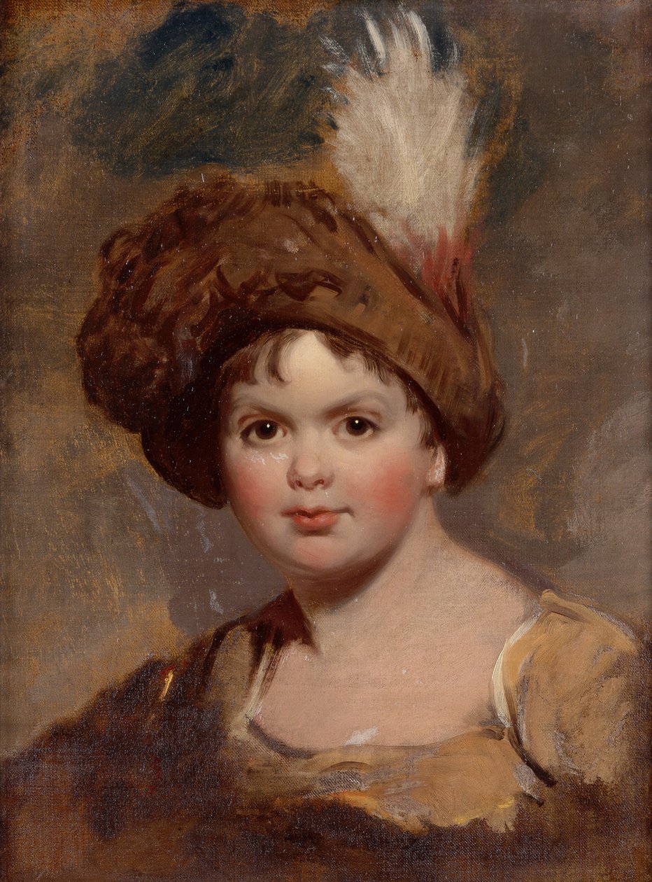 Portret van een jongen in bruin kostuum met een gepluimde hoed (schets) (olieverf op doek) door Thomas (attr. to) Lawrence
