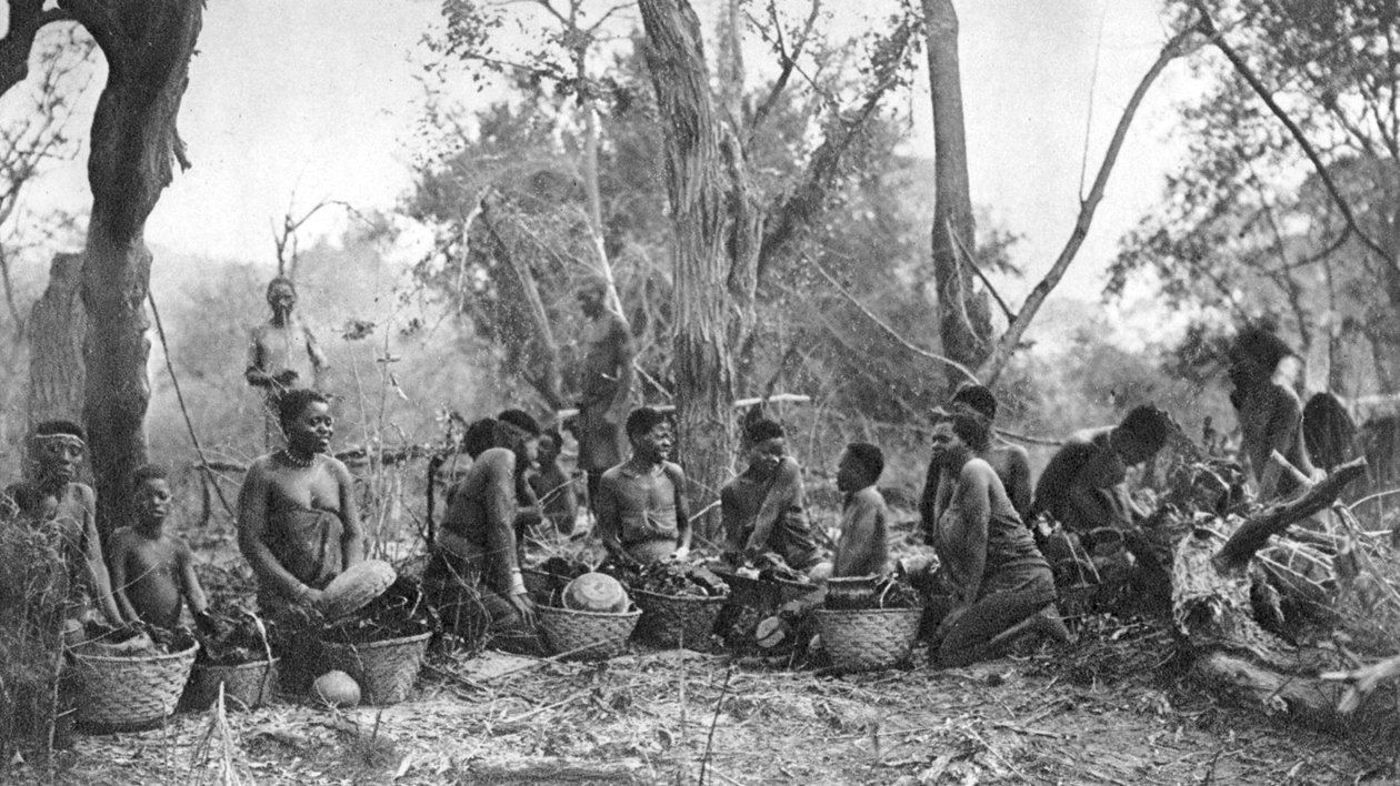 Inheemse vrouwen met manden vol nijlpaardvlees, Karoo, Zuid-Afrika door Thomas A. Glover