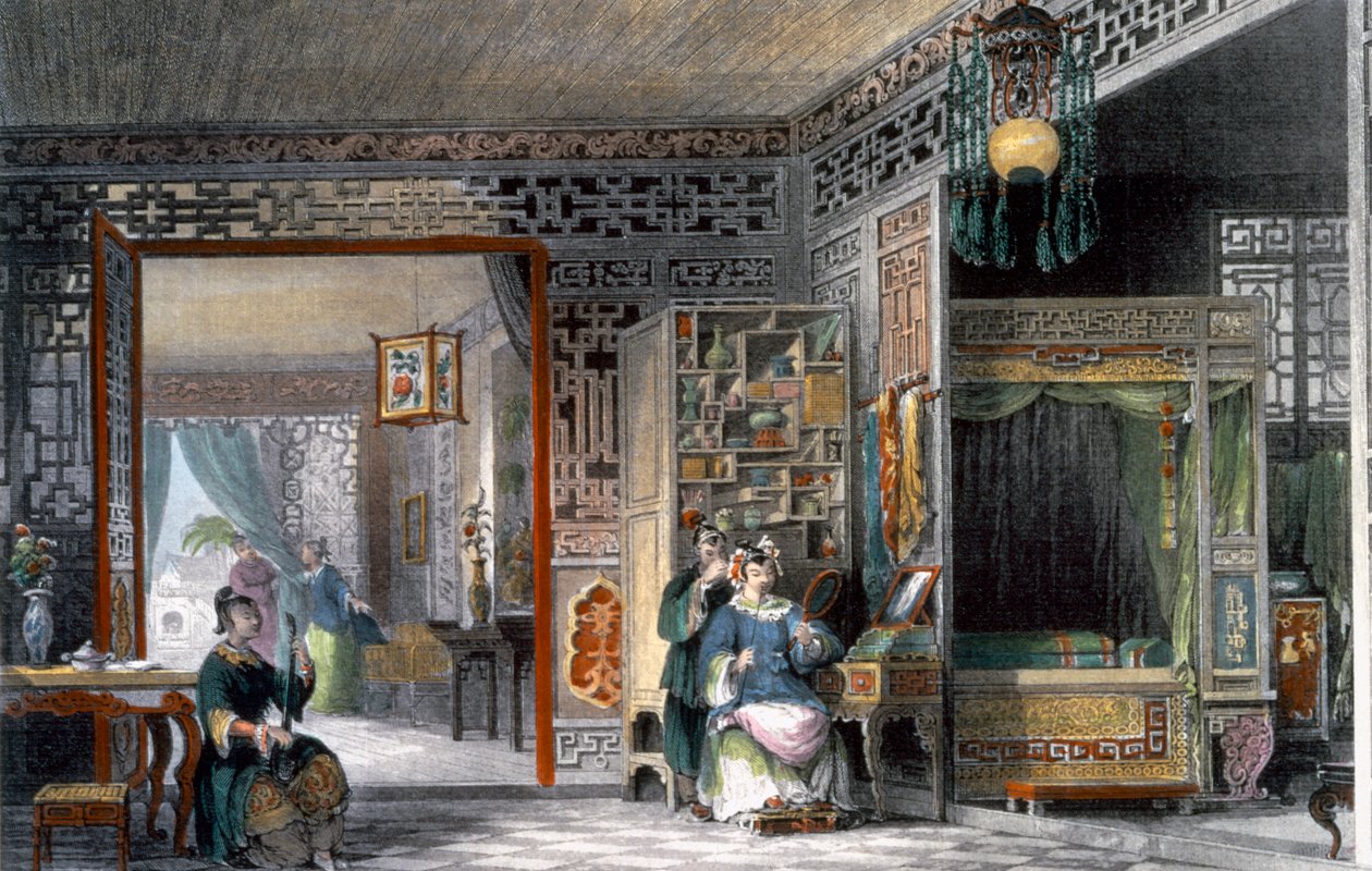 Boudoir en slaapkamer van een dame van rang, China, 1843 door Thomas Allom