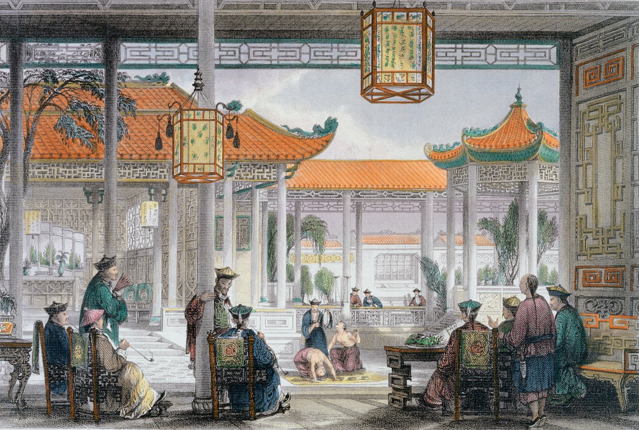 Goochelaars in de hof van een mandarijnenpaleis, China door Thomas Allom