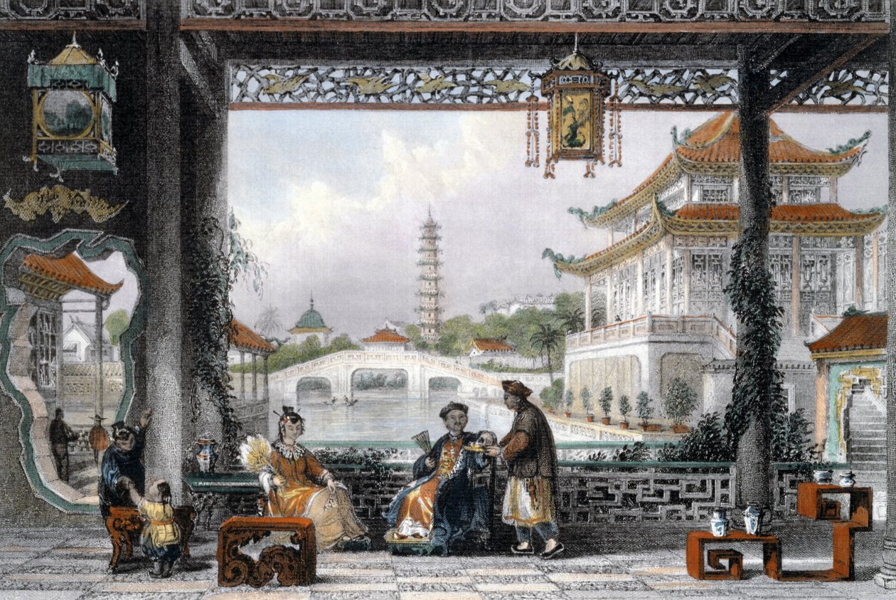 Paviljoen en tuinen van een mandarijn nabij Peking, China door Thomas Allom
