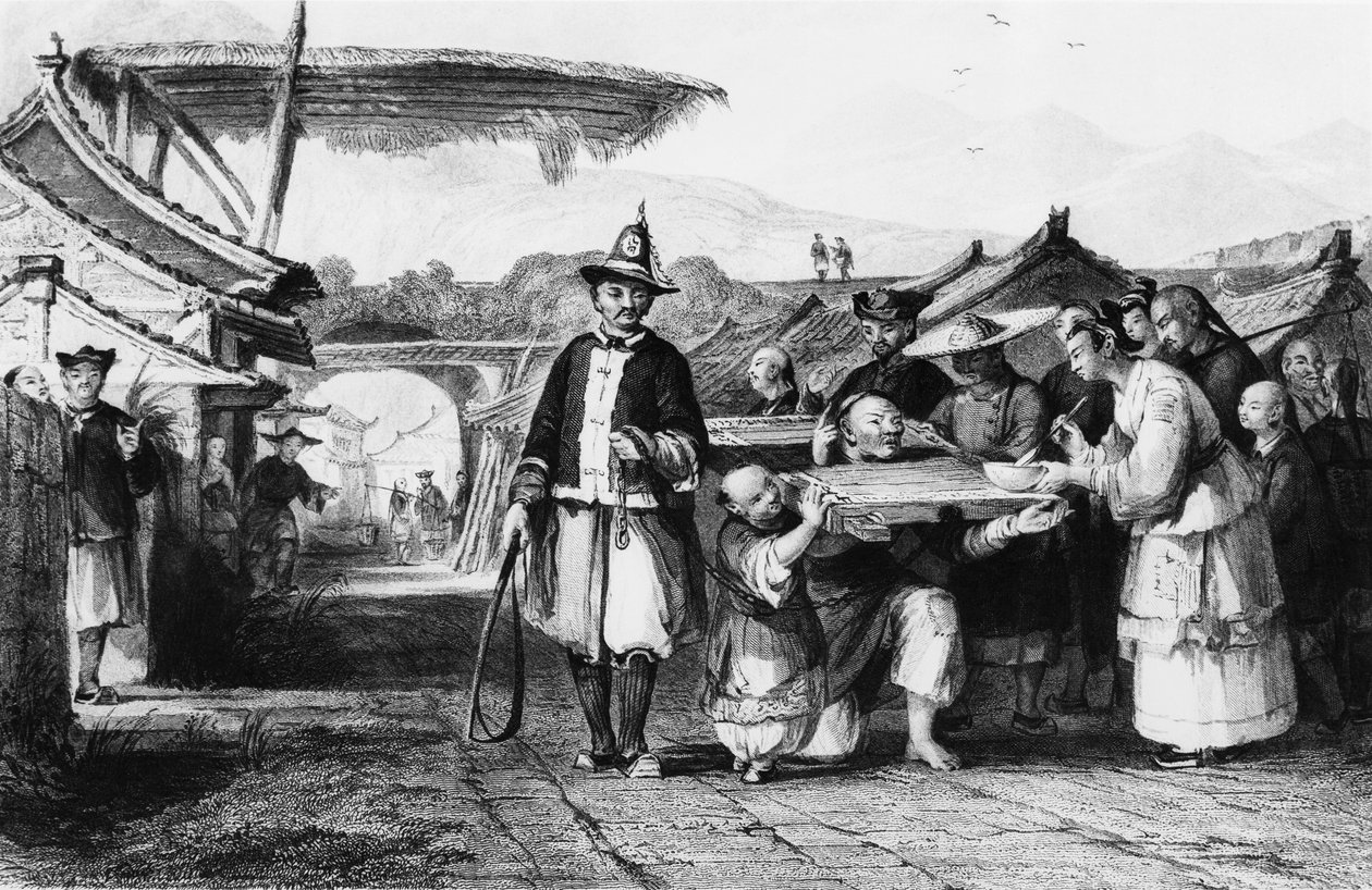 Straf met tcha of cangue (houten juk of schandpaal), gravure door Thomas Allom (1804-1872) uit Chinees Keizerrijk door Thomas Allom