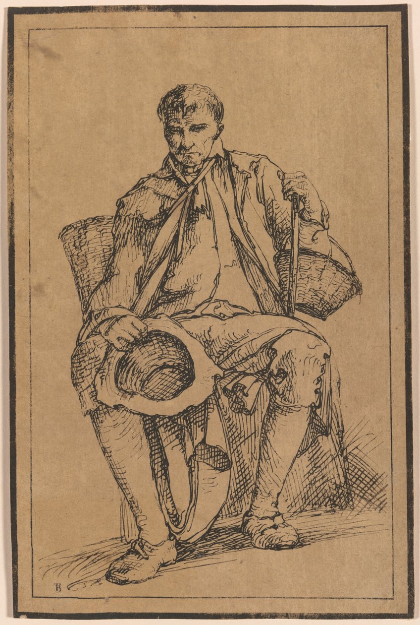 Veertig Lithografische Afdrukken van Landschapstekeningen door Thomas Barker, Geselecteerd uit Zijn Studies van Rustieke Figuren naar de Natuur: (Zittende Man met Manden die Hoed en Wandelstok Vasthoudt) door Thomas Barker