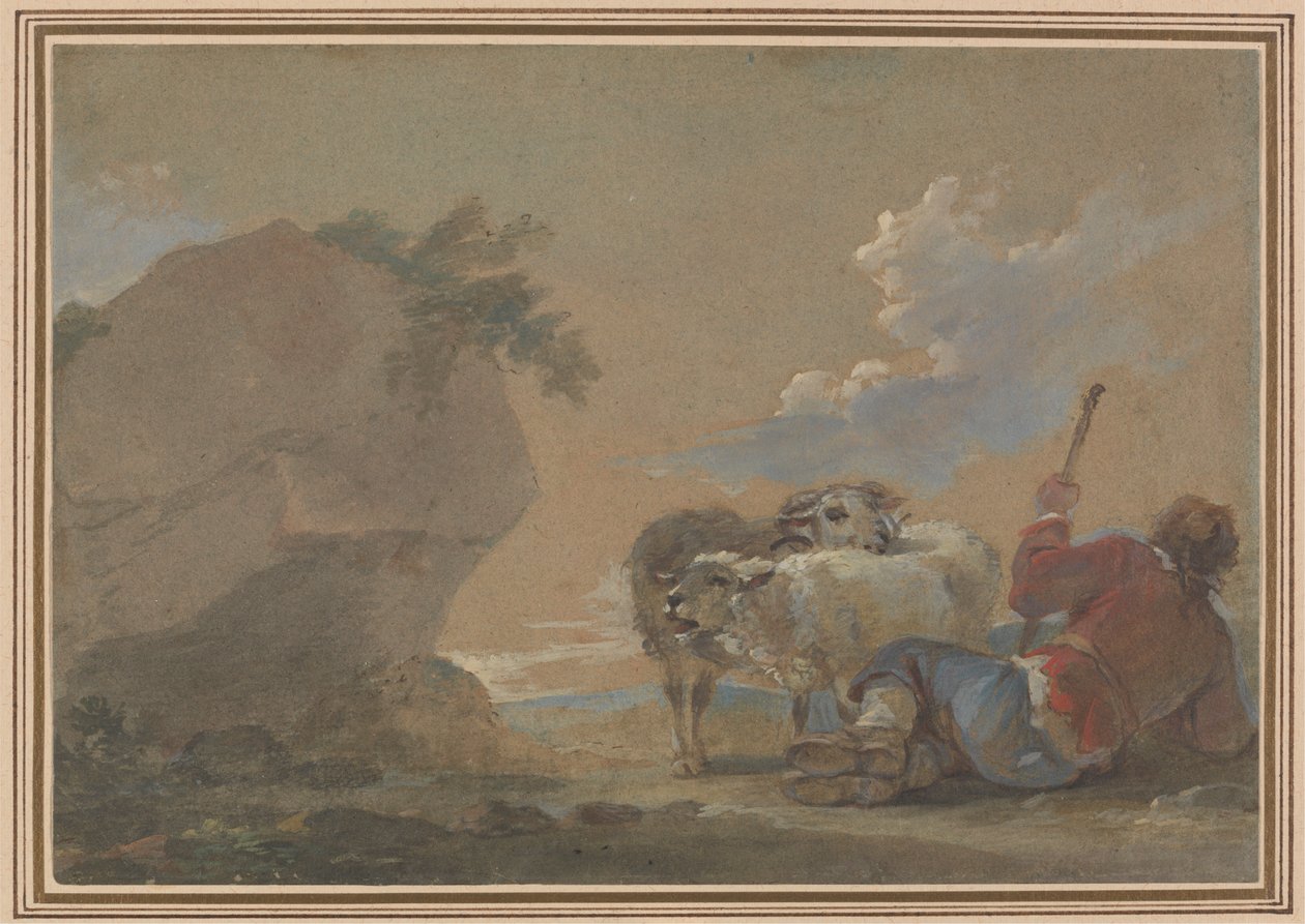 Landschap met herder en schapen door Thomas Barker