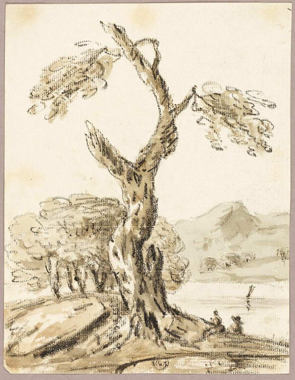 Grote boom met meer en bergen op achtergrond door Thomas Barker