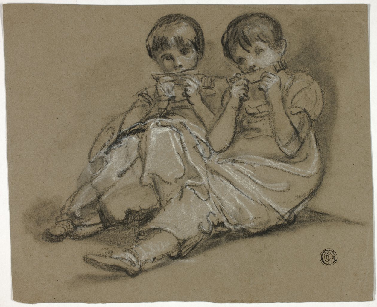 Twee meisjes spelen op kammen (recto); Schets van zittende vrouw met fragment van een andere figuur (verso) door Thomas Barker