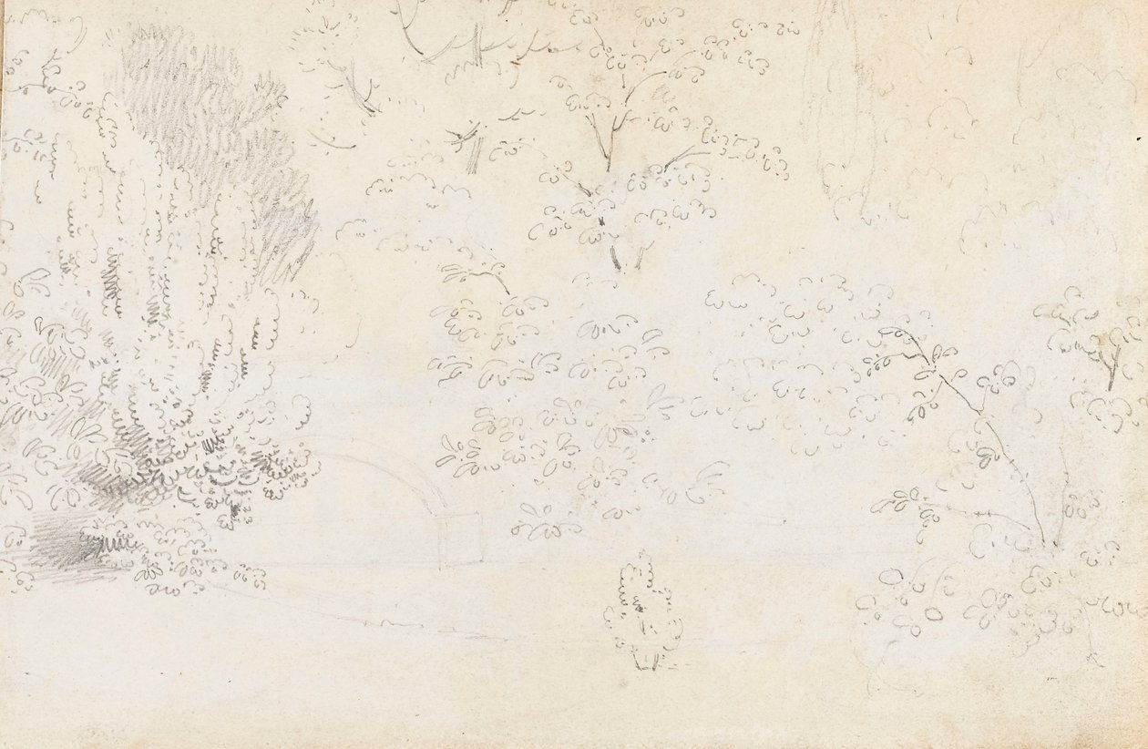 Een studie in grafiet van de brug en bomen vanuit het westen door Thomas Baxter