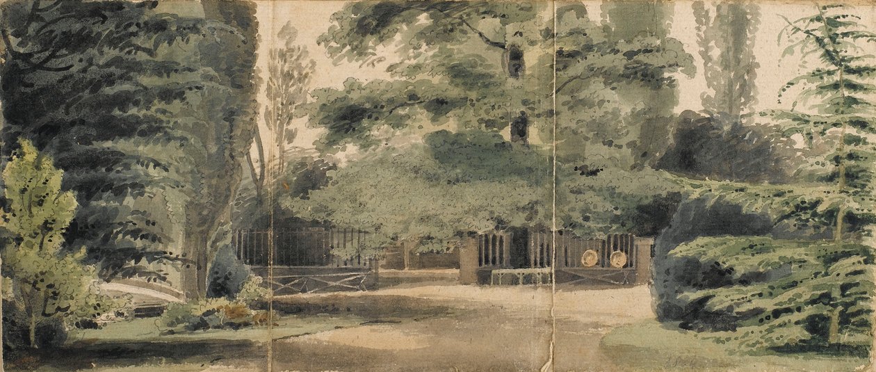 Paden en een hek onder bomen op het terrein van Merton door Thomas Baxter