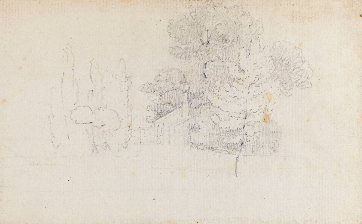 Studie van bomen en een klein gebouw in de tuinen van Merton Place door Thomas Baxter