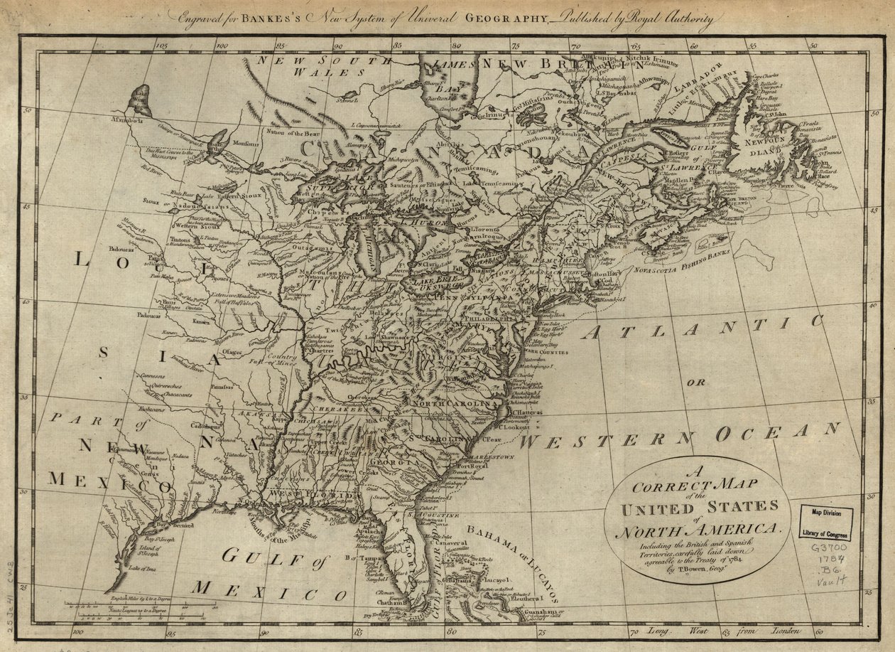 Een correcte kaart van de Verenigde Staten van Noord-Amerika, inclusief de Britse en Spaanse gebieden, zorgvuldig vastgesteld in overeenstemming met het verdrag van 1784. LOC 74692103 door Thomas Bowen