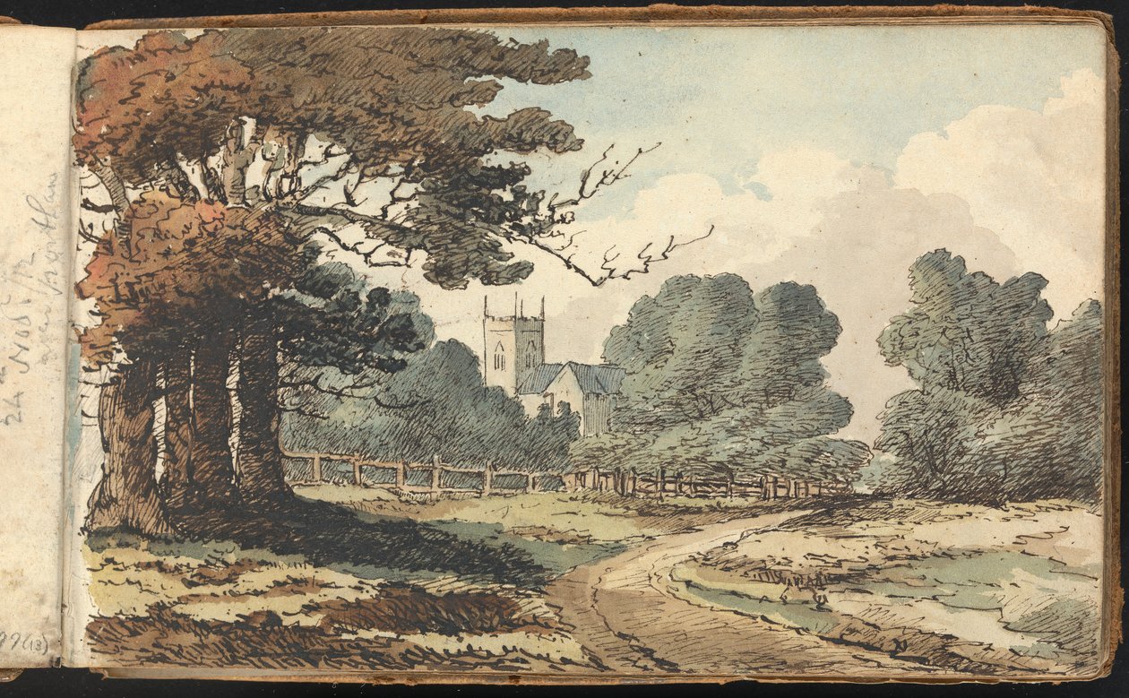 Album van landschap- en figuurstudies: Landelijk tafereel met kerk door Thomas Bradshaw
