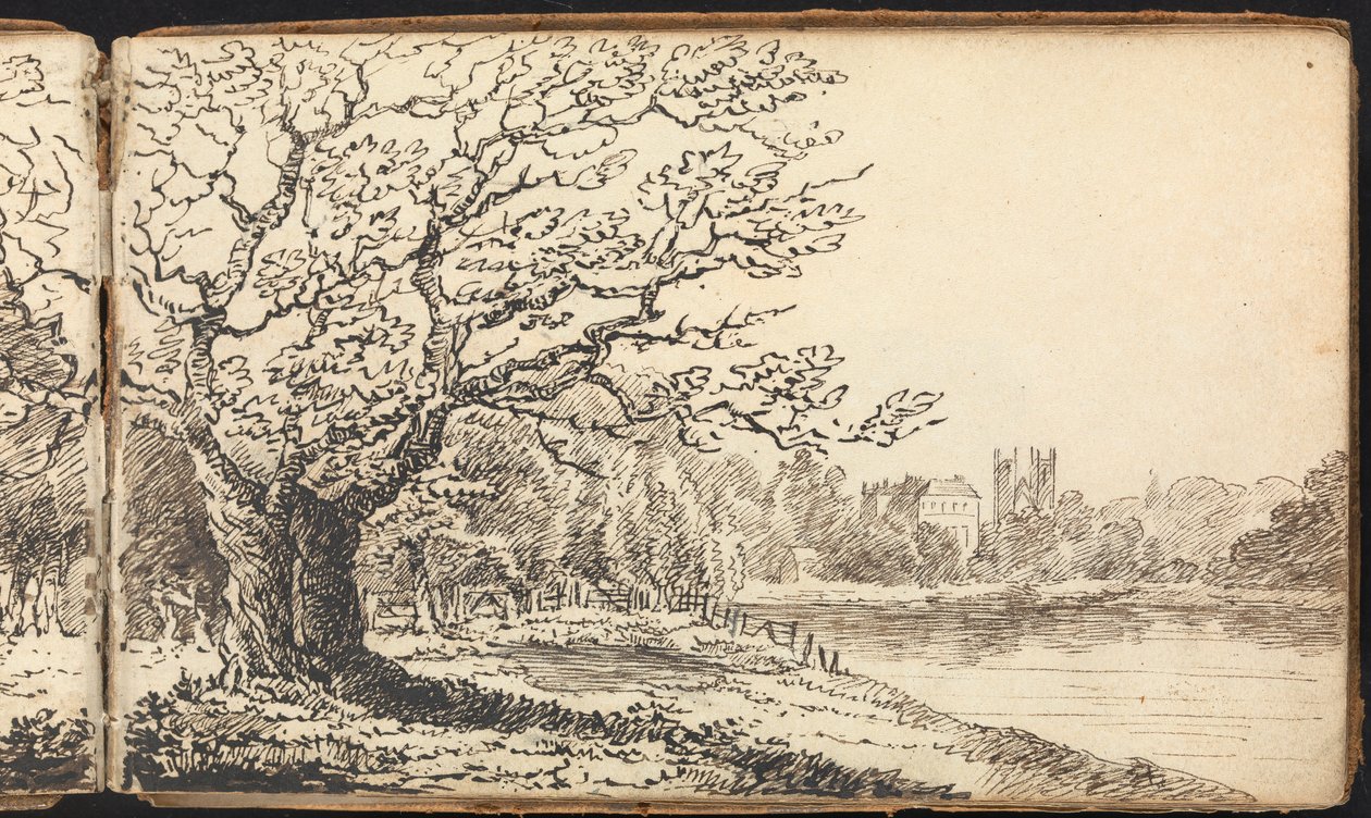 Album van Landschap- en Figurenstudies: Bomen Langs een Rivier met Gebouwen in de Verte door Thomas Bradshaw