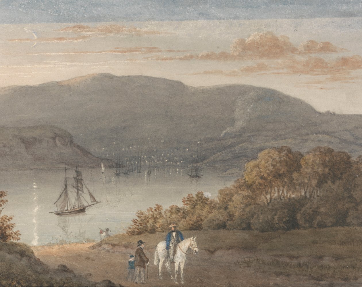 Port Louis vanaf La Petite Montagne (schemering) met een ruiter en figuren op de voorgrond door Thomas Bradshaw