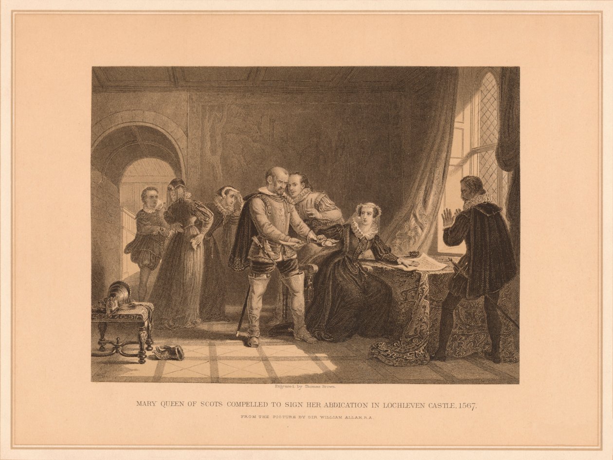 Mary Queen of Scots gedwongen haar troonsafstand te ondertekenen in Lochleven Castle door Thomas Brown