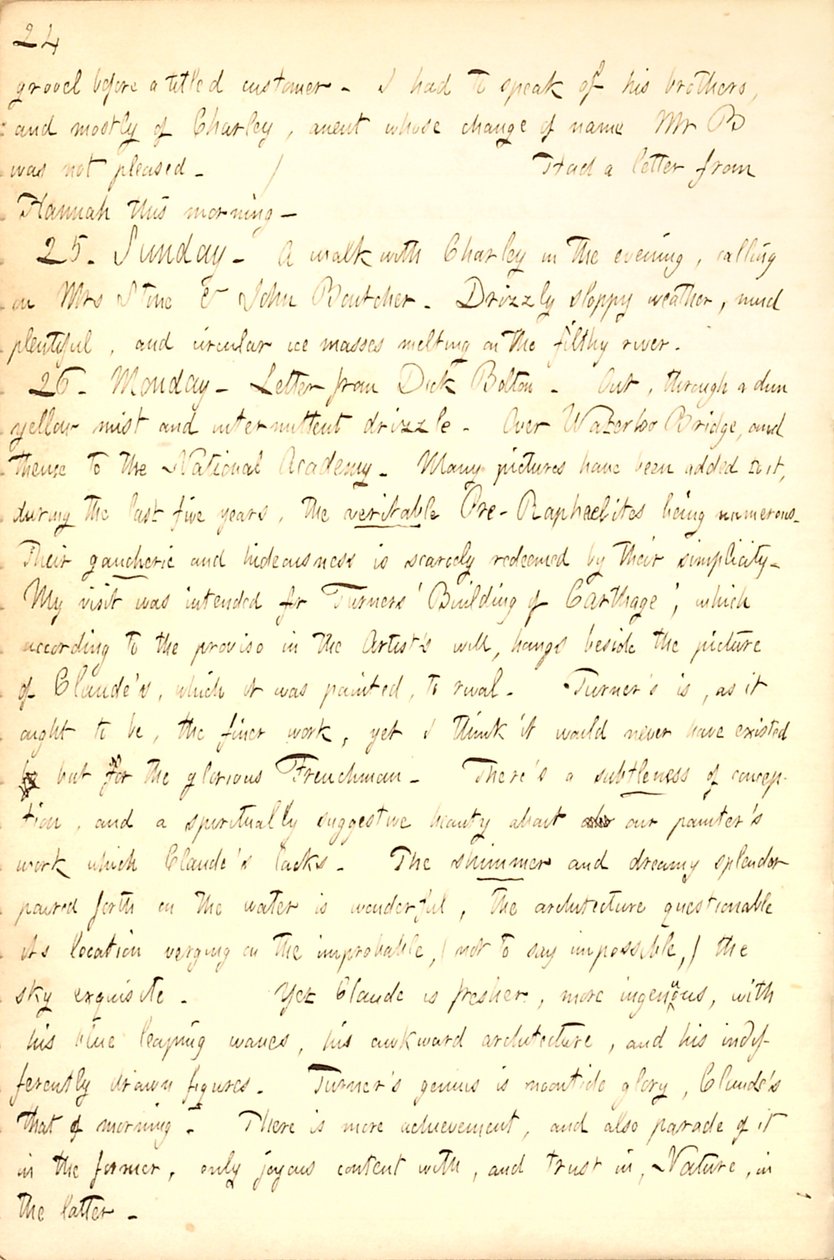 Beschrijft een bezoek aan de National Academy [Gallery] in Londen. Transcriptie door Thomas Butler Gunn