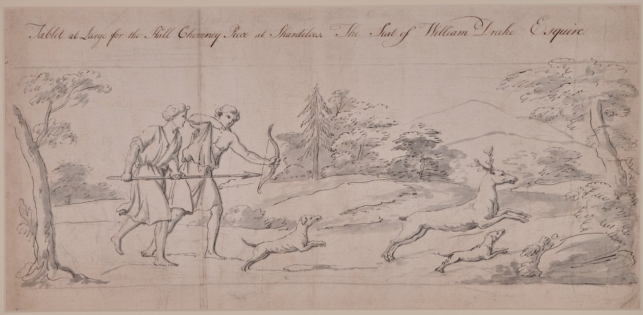 Twee figuren in klassieke kostuums die een hert jagen door Thomas Carter