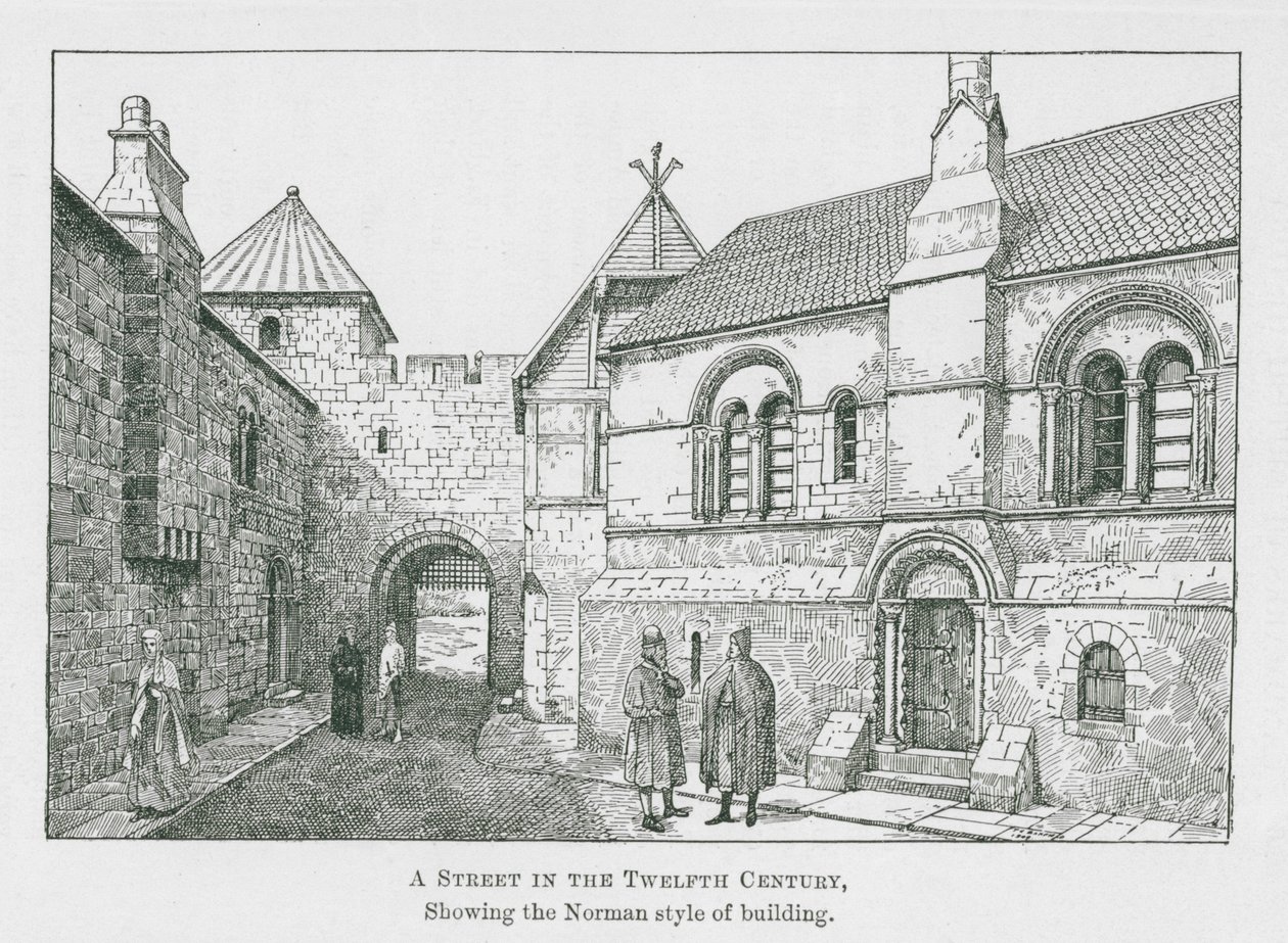 Een straat in de twaalfde eeuw (litho) door Thomas Charles Barfield