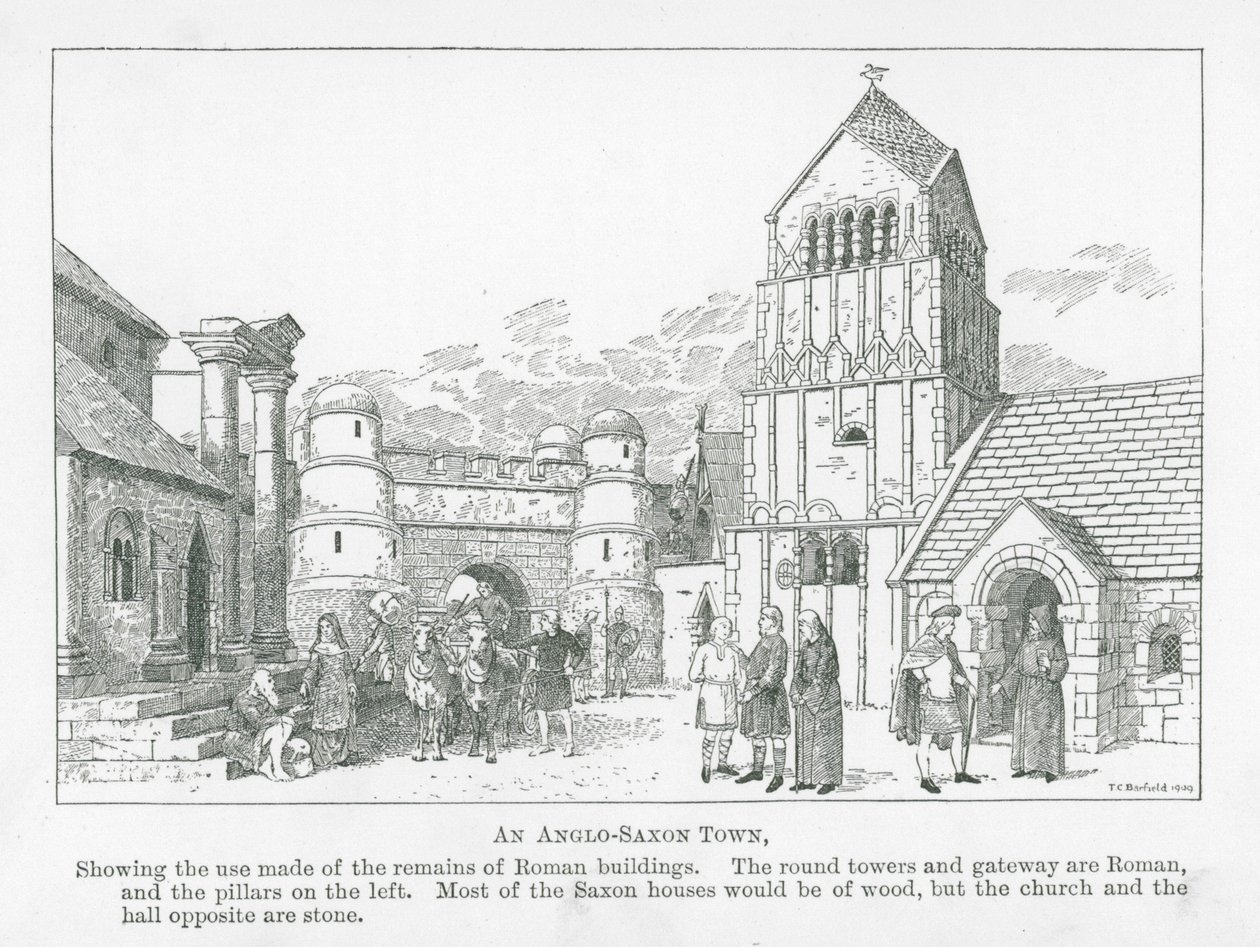 Een Angelsaksische stad (litho) door Thomas Charles Barfield