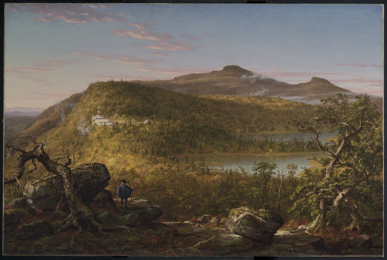 Uitzicht op de twee meren en Mountain House, Catskill Mountains, Ochtend door Thomas Cole