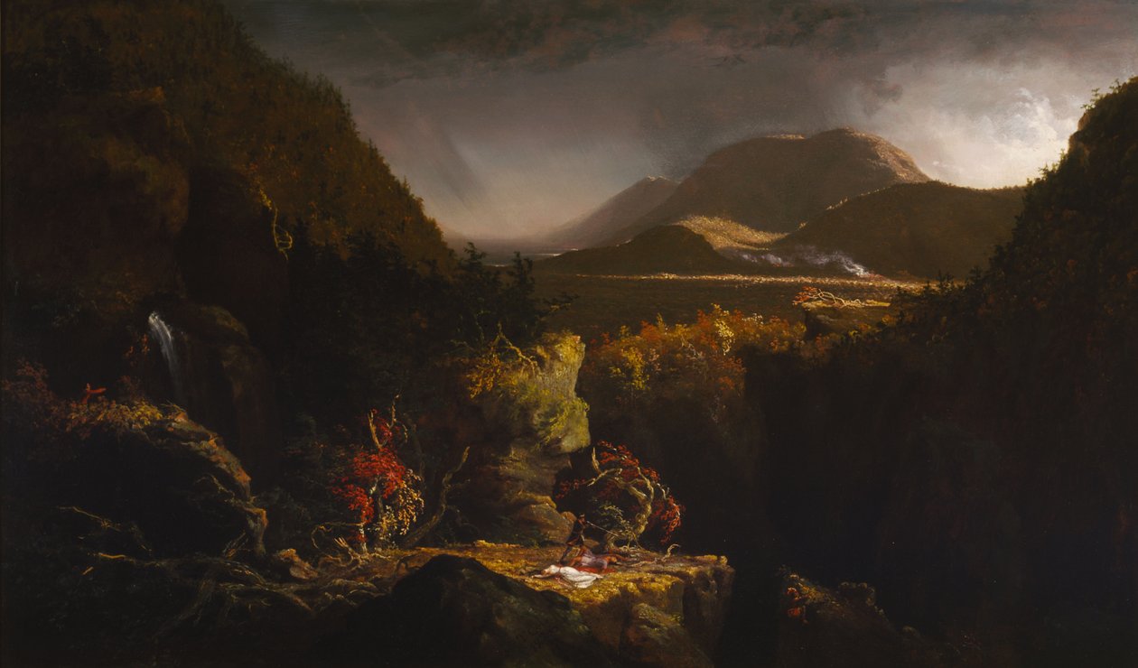 Landschap met figuren: Een scène uit "De laatste der Mohikanen". door Thomas Cole