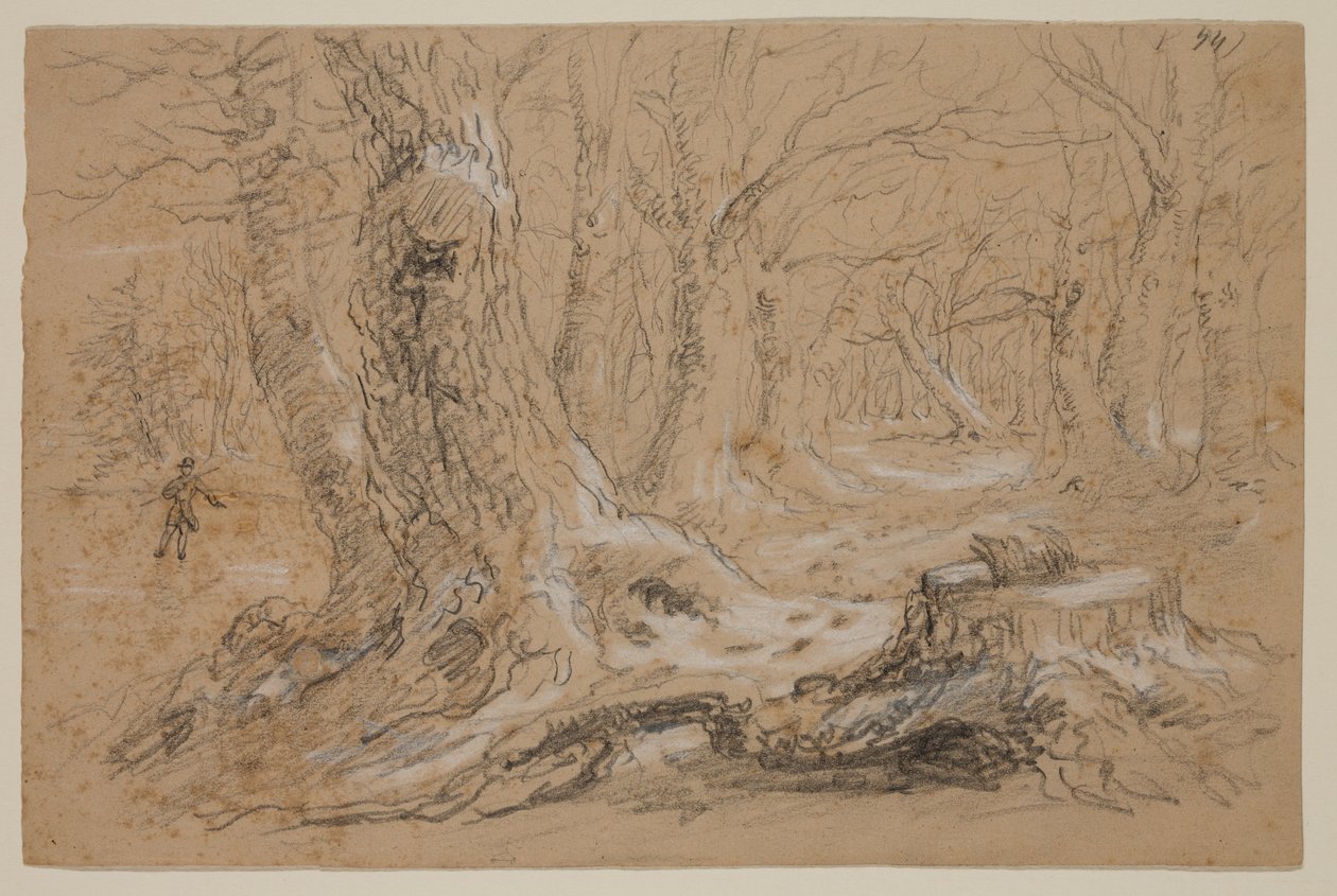 Bomen in de winter met man staand op bevroren beek door Thomas Cole