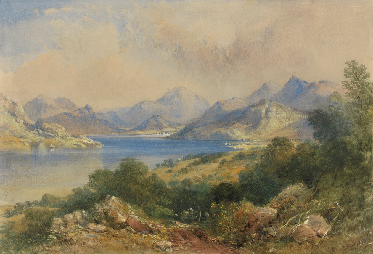Bergachtig landschap met een meer door Thomas Colman Dibdin