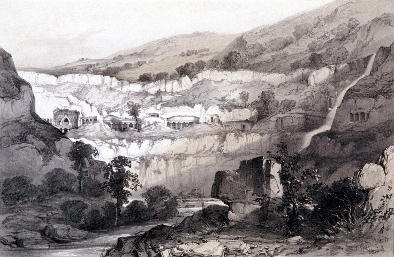 Uitzicht op grotten, Ajunta, India, 1844 door Thomas Colman Dibdin
