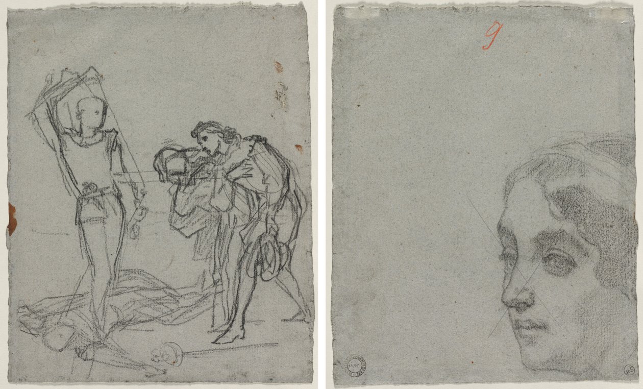 Duel na het Gemaskerde Bal (recto); Hoofd van een Vrouw (verso) door Thomas Couture