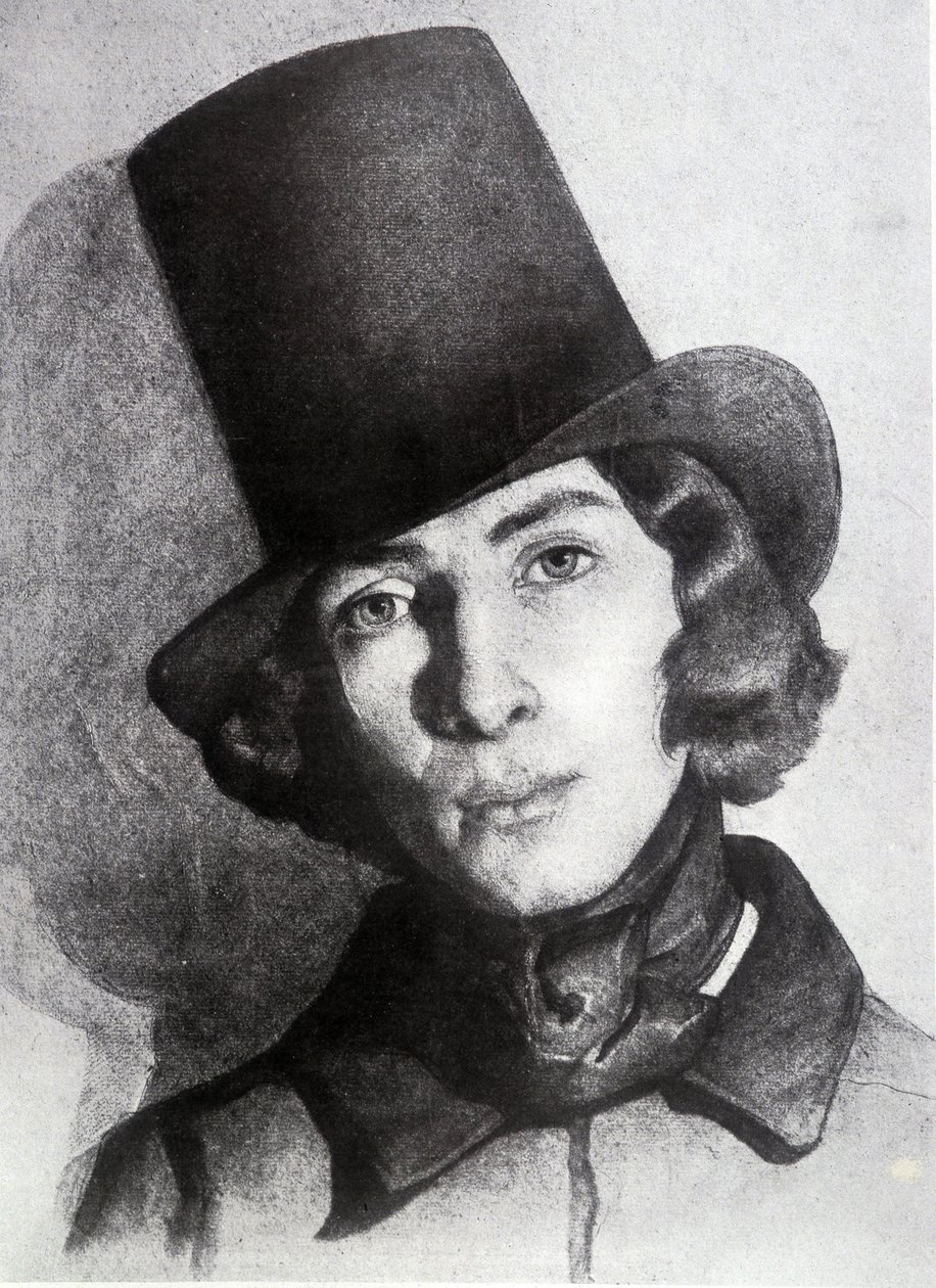 Portret van Maurice Sand (1823-1889), zoon van George Sand, 21 jaar oud - Ongedateerde tekening door Thomas Couture - deze tekening werd lange tijd beschouwd als die van zijn moeder George Sand door Thomas Couture