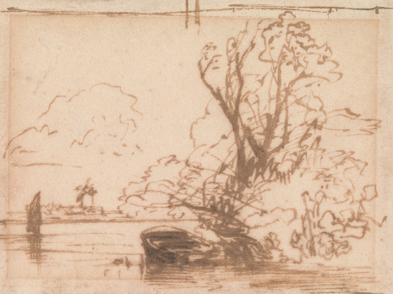 Een boot aangemeerd bij een rivierbank door Thomas Creswick