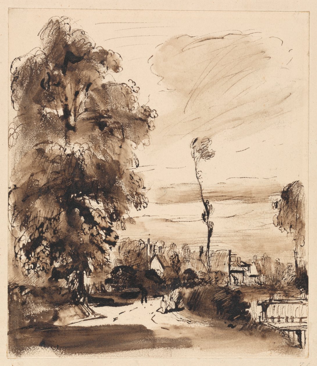 Een landweg met huisjes door Thomas Creswick